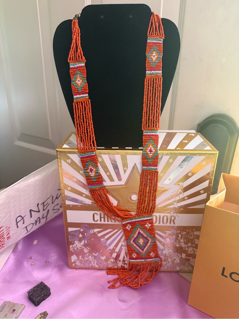 Handmade Beaded Fringe Necklace - Orange